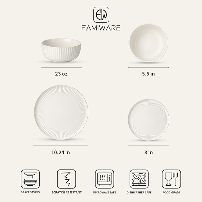 Famiware Starlight 12-Piece Plates and Bowls Sets for 4, Stoneware Dinnerware with Ribbed Textured, Handcrafted Reactive Glaze Dishes - Dishwasher & Microwave Safe, Chip/Scratch Resistant, Matte White