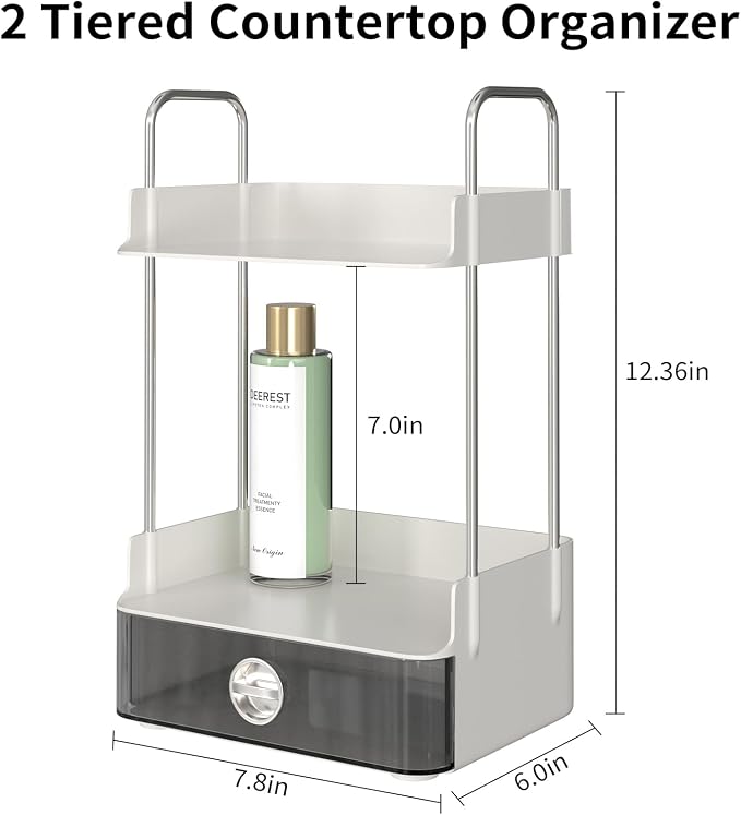 Bathroom Counter Organizer, 2 Tiered Organizer Countertop with Drawer, Makeup and Skincare Storage for Vanity, Desktop, Bathroom (White)
