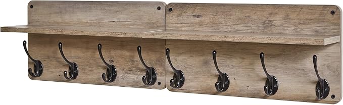 YMYNY Coat Rack Shelf Wall Mounted, Wooden Coat Hooks Set of 2, Entryway Coat Hanger with 8 Hooks,31.5''L Floating Shelves, Key Holder, for Bedroom, Bathroom, Living Room, Silver Gray UHWS006Y-2