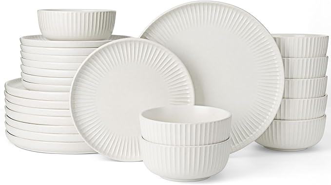 Famiware Starlight 24-Piece Plates and Bowls Sets for 8, Stoneware Dinnerware with Ribbed Textured, Handcrafted Reactive Glaze Dishes - Dishwasher & Microwave Safe, Chip/Scratch Resistant, Matte White
