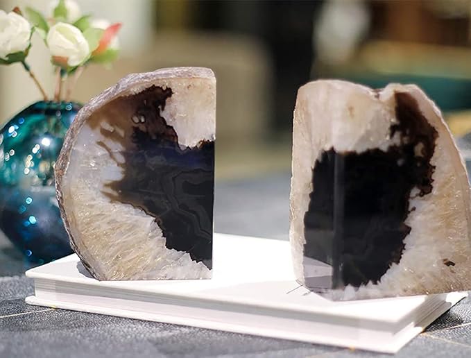 AMOYSTONE Black Geode Bookends Agate Decorative Book Ends for Shelves Heavy Duty Crystal Quartz Bookends with Rubber Bumpers(1 Pair, 3-4 LBS)