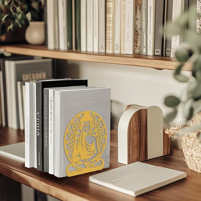 Peacoblue Metal Bookends for Shelves, Modern Decorative Heavy Duty Study Book Support Stoppers for Office, Desk, Shelf, Room 5.3"x4.3"x6.1" Cast Iron Simple Gold Book Ends, 1 Pair (Golden Buddha)