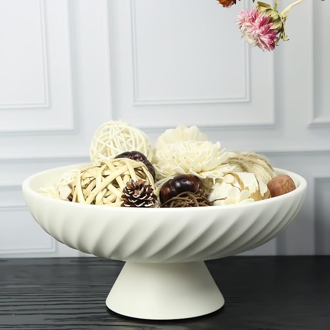 Decorative fruit bowl for Candy Keys Purse - Large Pedestal Decor Bowl for Kitchen Counter - Morden Round 10" Aesthetic Bowls for Coffee Entry Table Centerpiece Decor (White)