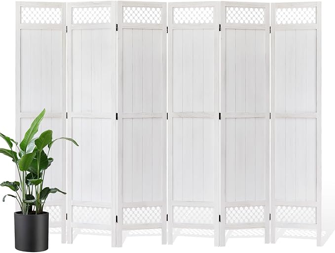 Privacy Screen Room Divider Panel - 67 Inch Tall Natural Wood Folding Partition Room Dividers, No-Assembly Required, Enhance Privacy and Aesthetic Appeal, Ideal for Home or Office White 6 Panel