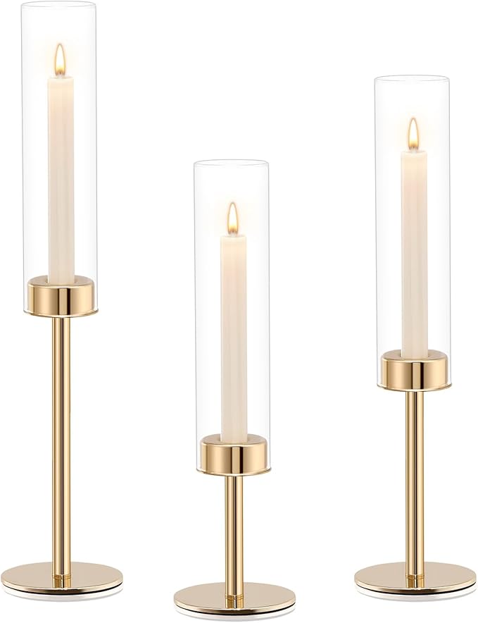 Gold Hurricane Candle Holders Set of 3, Tall Metal & Windproof Glass Taper Candle Holders, Brass Candlesticks Holder Decorations, Table Centerpieces for Weddings, Christmas, Parties, Fireplace Decor