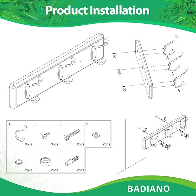 Badiano Wooden Coat Rack, Wall-Mounted Organizer for Closet, Entryway, Hallway, Foyer, Bedroom, Heavy Duty Double Hooks for Hanging Towels, Bags, Hats, Jackets, Key (WhiteBlack, 3 Hooks)