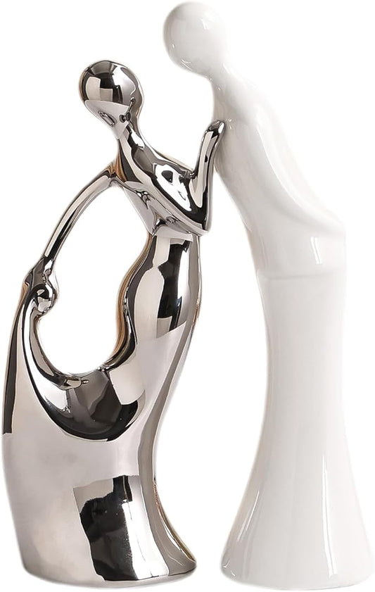 Ceramic Couple Statues Home Decor Lover Sculpture Figurine, Modern Aesthetic Abstract Art Decorative Accent Dining Table Decorations for Living Room Bedroom Bookshelf Table Office (White and Silver)