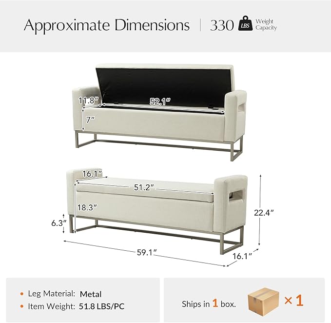 58.4" Ottoman with Storage,Upholstered Entryway Bench for Bedroom and Living Room,End of Bed Bench with Metal Base，Linen