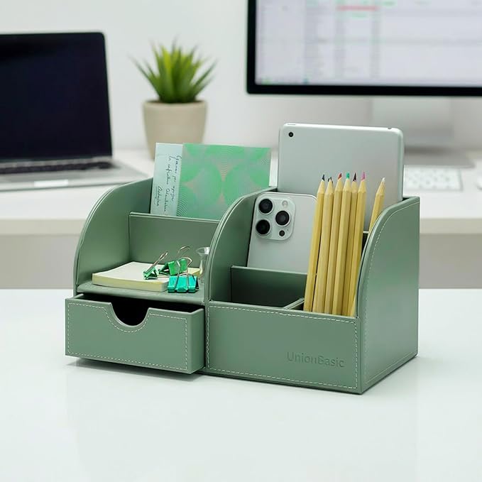 UnionBasic Desk Organizer - Multifunctional Leather Desktop Pen Holder Storage Box - Business Card/Pen/Pencil/Mobile Phone/Stationery Holder, Malachite Green
