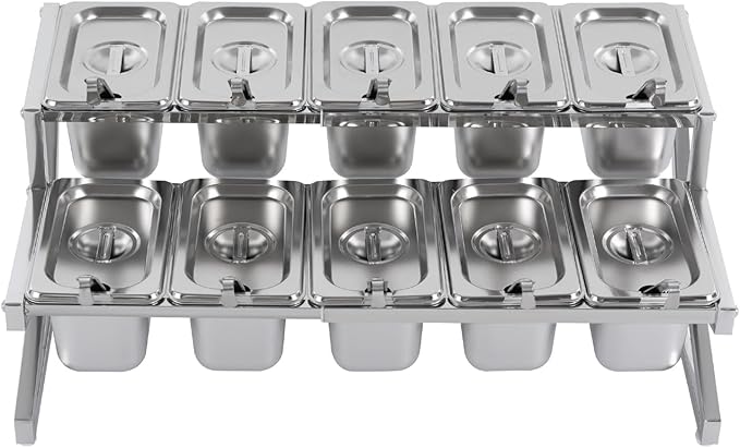 10 Pans Spice Rack Shelf 2 Row Expandable Stainless Steel Spice Organizer Stand with Lids Countertop Inclined Holder Buffet Containers Set for Sauce Jam Ingredient Kitchen Restaurant