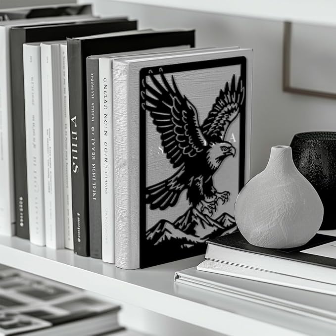 Peacoblue Metal Bookends for Shelves, Modern Decorative Heavy Duty Study Book Ends Stoppers for Office, Desk, Shelf, Room 5.3"x4.3"x7.9" Cast Iron Simple Tall Bookends 1 Pair (Eagle)