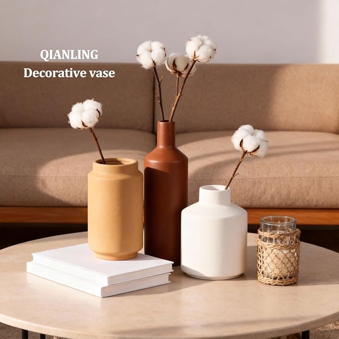 Ceramic Vase Set of 3 - Modern Neutral Vases Home Decor, Minimalism Decorative Vases, Boho Decor Small Flower Vase for Shelf, Dining Table Entryway Mantel Centerpiece Bookshelf Living Room Bathroom