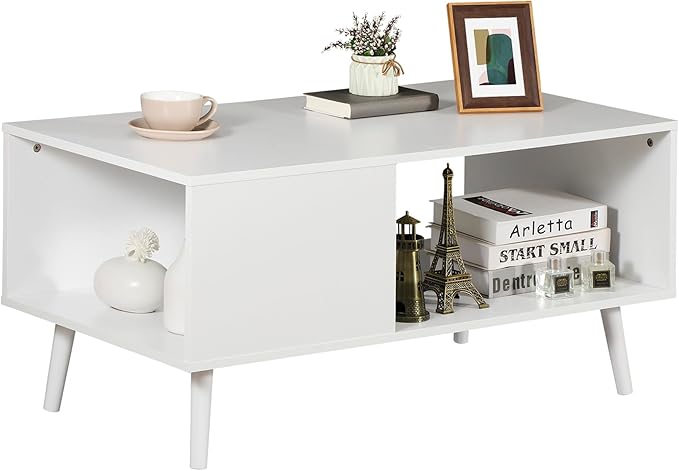 ZenStyle Mid Century Modern Coffee Table, Wooden Retro Coffee Table with Open Storage Shelf for Living Room, Reception, Easy Assembly (White)
