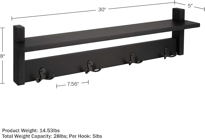 Lavish Home Coat Rack with Shelf - Wall Mount Shelf with 4 Hooks for Purses, Jackets and Keys - Coat Rack for Entryway, Mudroom, or Hallway (Black)