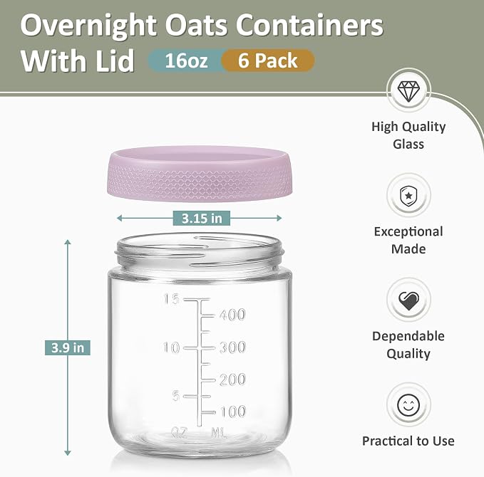 POIKSHARK 6-Pack Overnight Oats Containers with Lids, 16 OZ Wide Mouth Glass Jars with Airtight Lids, Mason Jars Glass Food Containers for Snack Spice Sugar Food Prep Yogurt