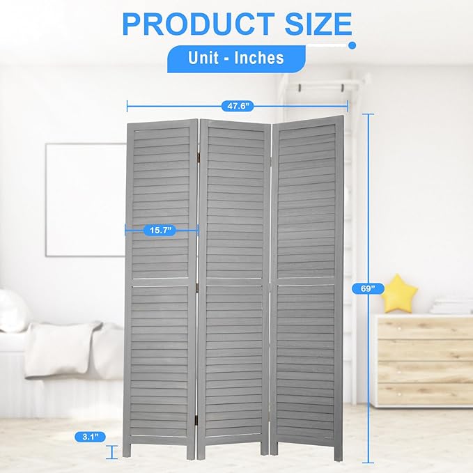 PayLessHere Room Divider Wood Privacy Screen 5.75 Ft Indoor Folding Portable Partition Screen for Bedroom Office Restaurant (Gray, 3 Panel)