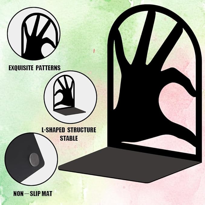 INFUNLY 1 Pair Metal Book Ends for Shelves Heart Gesture Heavy Duty Bookshelf Holder Stand Book Stopper Support for Desktop 7.1x4.7x3.5 for Home Office Library School Kitchen Decor