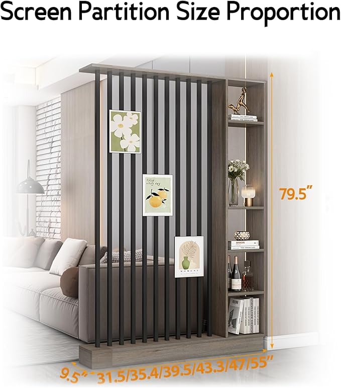 Wall Room Divider, Storage Cabinet Storage Display with Shelves, Modern Freestanding Wood Room Divider Screen, Wall Privacy Screens for Home Decorative (Grey Oak+Black,43.3" L x 9.5" W x 79.5" H)