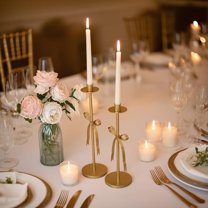 Gold Candle Holders Set of 2 Metal Taper Candle Stands with Bow Design, Modern Decorative Candlesticks for Dining Table, Wedding, Fireplace, Holiday & Christmas Decor