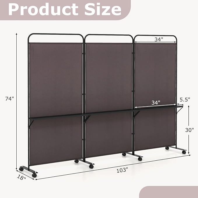 Giantex 3 Panel Room Divider with Wheels and Shelves, 103" W x 74" H Folding Privacy Screen, Rolling Partition Separator for Home Office Studio, Fabric Wall Divider for Room Separation (Brown)
