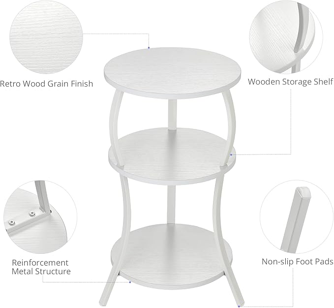 YEAKOO Vintage Small Round Side Table, 3-Tier Slim Waist Circular End Table with Storage Shelf, Compact Tea Sofa Table, Round Corner Coffee Table Nightstand for Living Room Bedroom Small Spaces,White