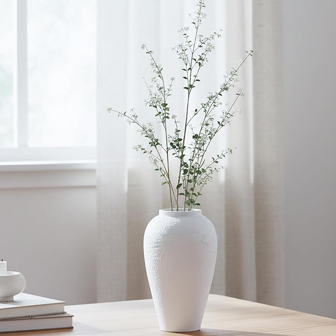 Vintage Stone Textured Ceramic Vase, Minimalist White Flower Vase, Rustic Decorative Centerpiece for Farmhouse, Living Room, Shelf, Dining Table Home Decor, Medium-Sized (White Texture 9.3'' Tall)