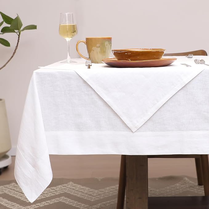 Linen Tablecloth for Rectangle Table with 4PCS Linen Napkins 100% Pure Linen Natural Dining Table Cloth Fall Halloween Thanksgiving Christmas Holiday Decor(White, 60" x 84")