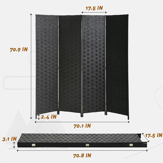 PayLessHere Room Divider 6FT Wood Mesh Hand-Woven Room Divider, 4-Panel Indoor Folding Portable Partition Screen,Black