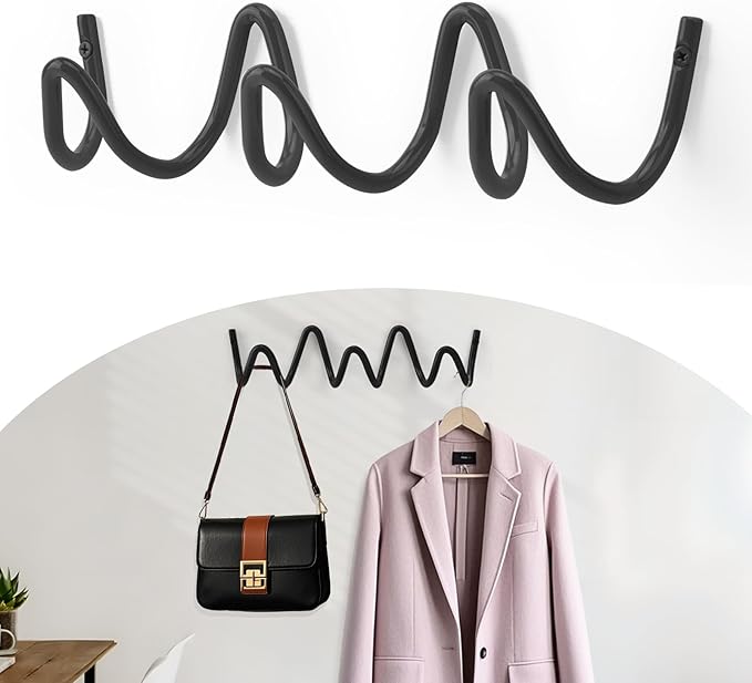 Coat Rack Wall Mount, Creative Wave Wall Hooks 20KG Capacity, Easy Installation, Multi-Purpose Hooks for Coat, Hat, Bag, Umbrella (Black, 29cm x 7.5cm (11.41" x 2.95"))