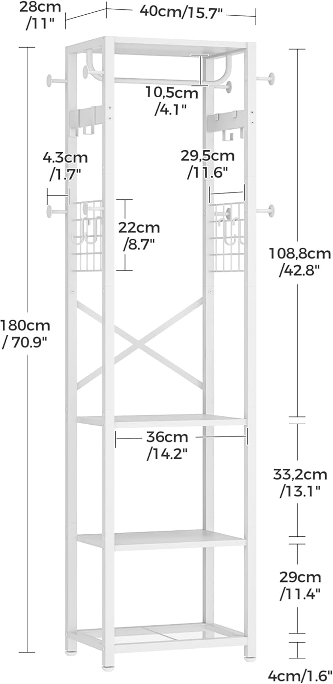 CHOEZON Coat Rack with Shelves, Freestanding Hall Tree, Coat Tree with 16 Hooks and Hanging Rail, Industrial Clothes Stand for Entryway, Hallway, Bedroom, White TYM18WB