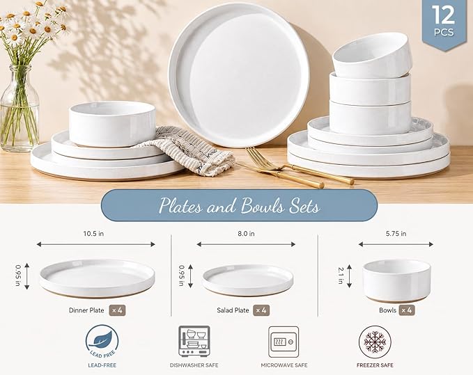 AmorArc Ceramic Dinnerware Set for 4 | Speckled Stoneware Plates and Bowls with unglazed terracotta | Scratch Resistant, Dishwasher & Microwave Safe Dishes Sets- 12-Pcs Milk White