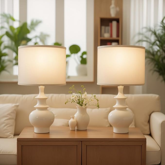 20" Modern Ceramic Table Lamps Set of 2, White Bedroom Lamps for Night Stands, Farmhouse Bedside Lamps for Bedroom Living Room, Small Nightstand Lamps Desk End Table Lamps White