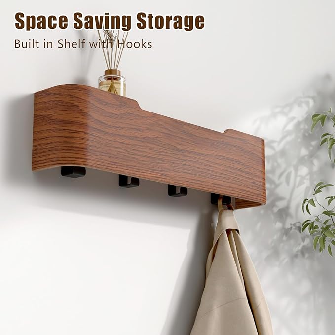 Coat Rack Wall Mount with Hidden Hooks, Wall Hooks with Shelf, Wall Key Holder Mount Wooden Shelf Entryway Hooks for Bedroom Bathroom for Hanging Coats Hats Bags Towels (Walnut, 4 Hooks)