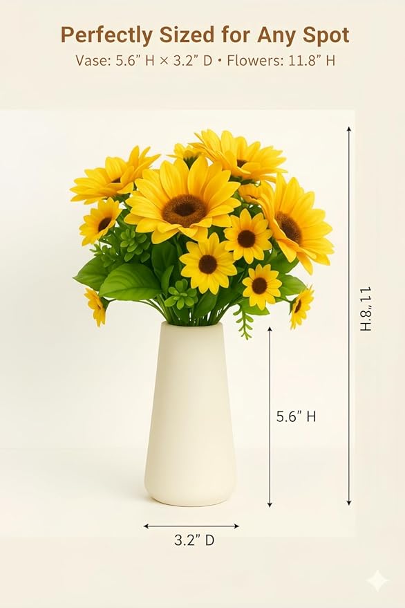 Ceramic Vase with Artificial Sunflower Flowers - Modern Farmhouse Home Decor Deals - Matte Ivory White Pottery Centerpiece for Living Room Coffee Table Bedroom Kitchen & Dining Gift