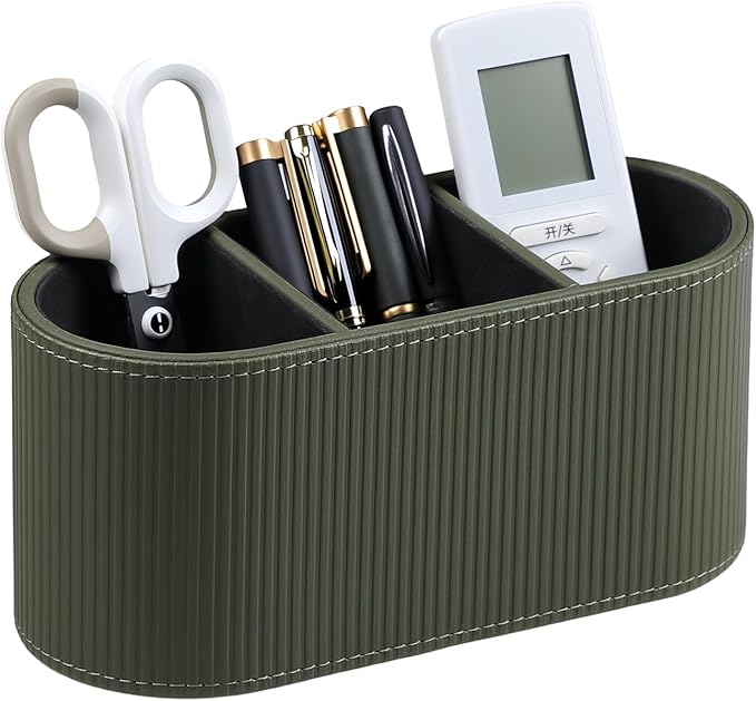 Aesthetic Remote Control Holder, PU Leather Remote Holder Desktop Organizers with 3 Compartments for Home Office Supplies and Accessories, Stylish Bedside Nightstand Organizer (Green)