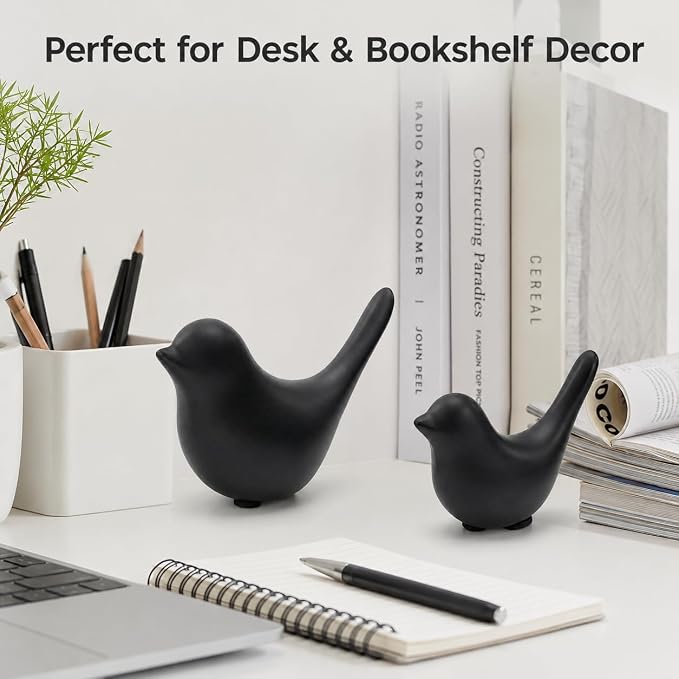 2 Pcs Ceramic Bird Figurines, Black Bird Statues for Home Decor Accents, Small Animal Sculptures for Shelf, Bookshelf, Coffee Table, Living Room, Bedroom, Office and Modern Table Decor