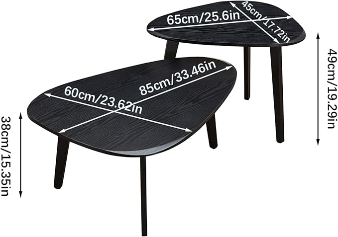 Nesting Coffee Table Set of 2-Mid Century Modern Guitar Pick Stacking Tables with Solid Wood Legs-Waterproof Triangle Center Side End Table for Small Living Room,Apartment,Balcony (Black)