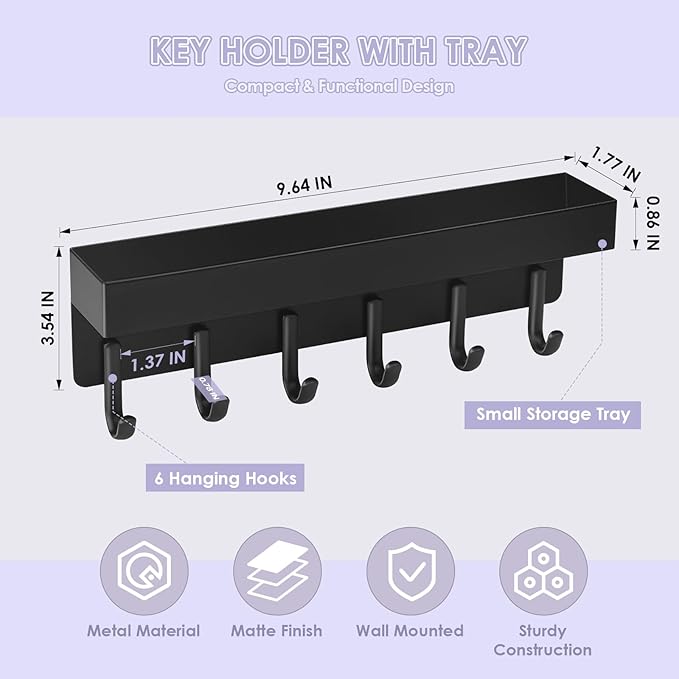 VIS'V Key Holder Wall Mount, Adhesive Key Rack with Tray, 6 Hooks, Black | 2 Mount Options, Compact Discreet Design, Suitable for Entryway, Hallway, Doorway, Kitchen, Garage, Camper