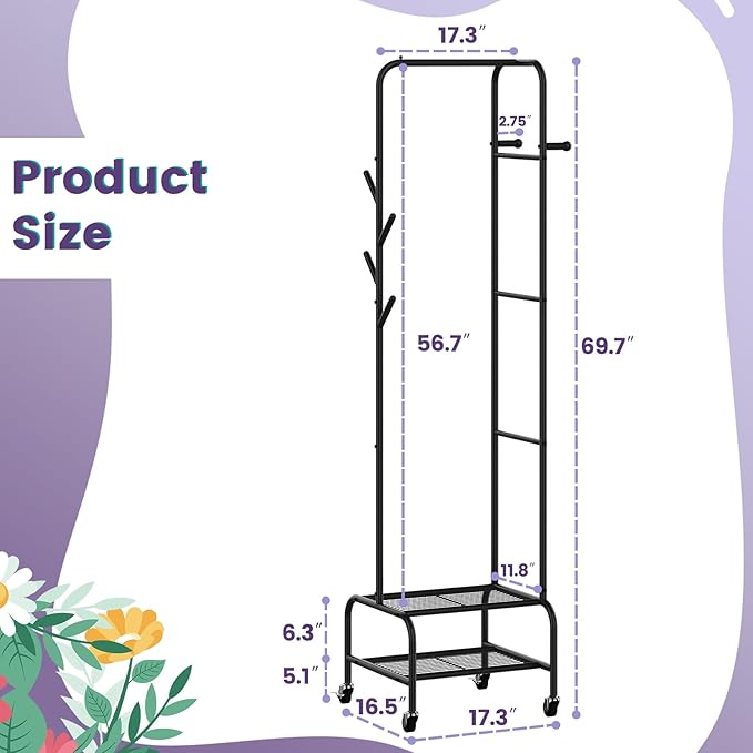Coat Rack with Shelves, Freestanding Hall Tree with 3 Shelves and 8 Hooks, Industrial Clothes Stand for Entryway, Hallway, Bedroom (Black)