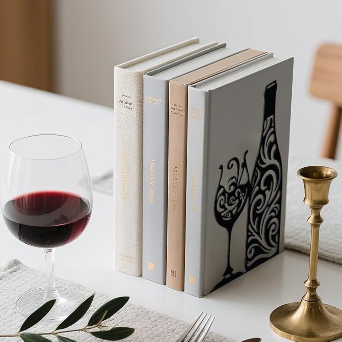 WADORN 1 Pair Wine Metal Bookends for Shelves Decorative, Wine Glass Heavy Duty Metal Decorative Book Ends Non-Skid Black L-Shaped Book Stopper for Library Home Office Desk, 5.3x4.3x7.9 Inch