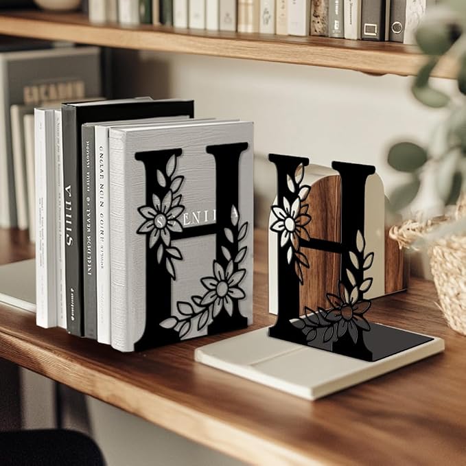Peacoblue Metal Bookends for Shelves, Modern Decorative Heavy Duty Study Book Ends Stoppers for Office Desk Shelf, Room 5.3"x4.3"x7.1" Cast Iron Tall Bookends 1 Pair (Letter H with Flowers)