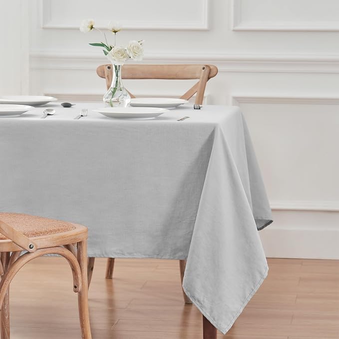 TOSMO 100% French Linen Tablecloth, Washable Farmhouse Rectangle Table Cloth for Kitchen, Dining, Party, Cocktail, Indoor and Outdoor Daily Use(60''x84'',Soft Grey)