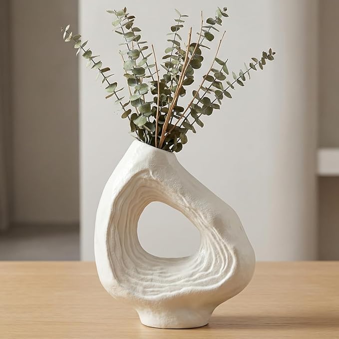 Sunddo Donut Vase - 9 Inch White Ceramic Vase for Home Decor - Modern Minimalist Decorative Vase for Flowers, Boho Decor, Living Room, Fireplace, Bathroom, Table Centerpiece