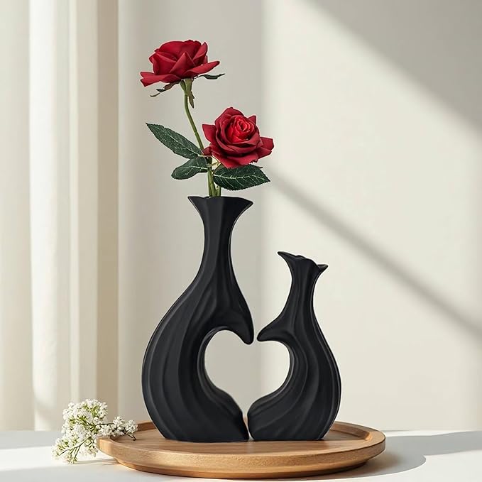 Black Ceramic Vases, Heart Shaped Flower Vase Set of 2