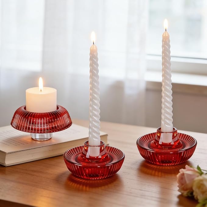 Mushroom-Shaped Candle Holders Set of 4 for Table Centerpiece, Glass Tealight Candlestick Holder for Wedding Party Decor, Vintage Tea Lights Candle Holder for Home Decoration (Red)