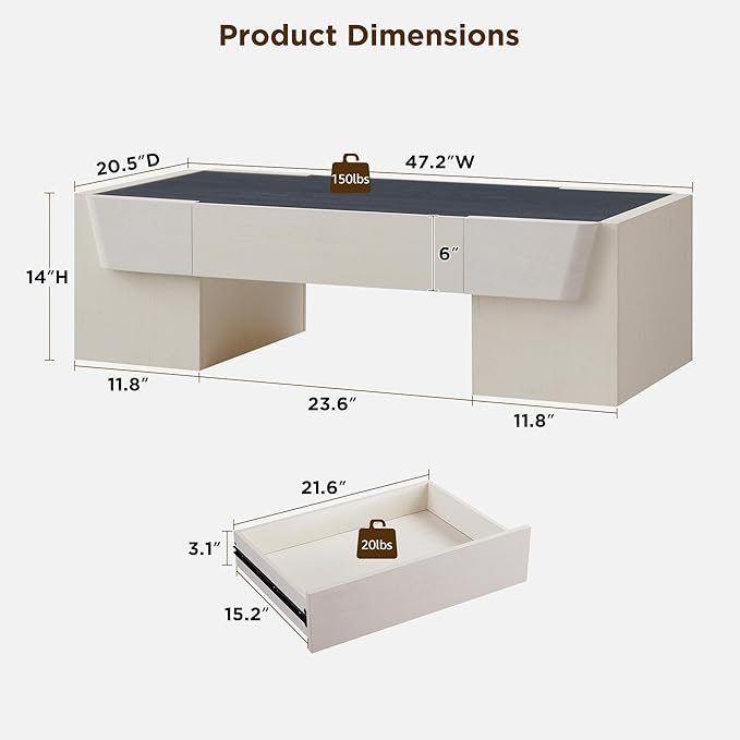 JXQTLINGMU 47" Modern Coffee Table with Storage, Wood Large Coffee Table with Drawer, Rectangle Center Table for Living Room, Antique White