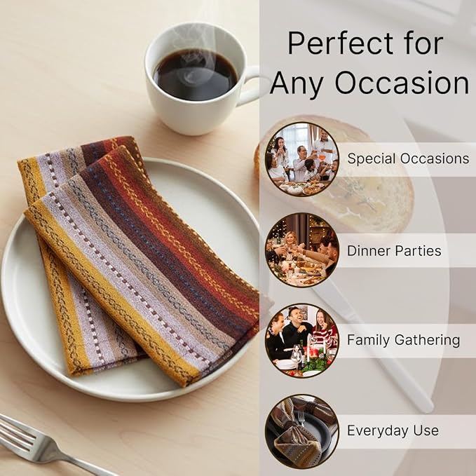 LFH Home Cotton Rich Cloth Salsa Napkin Set of 12 Washable Soft Durable Striped Table Napkins for Dining Wedding, Daily Use Reusable Eco-Friendly Napkins for Elegant Table Settings(18x18)-Rust Multi