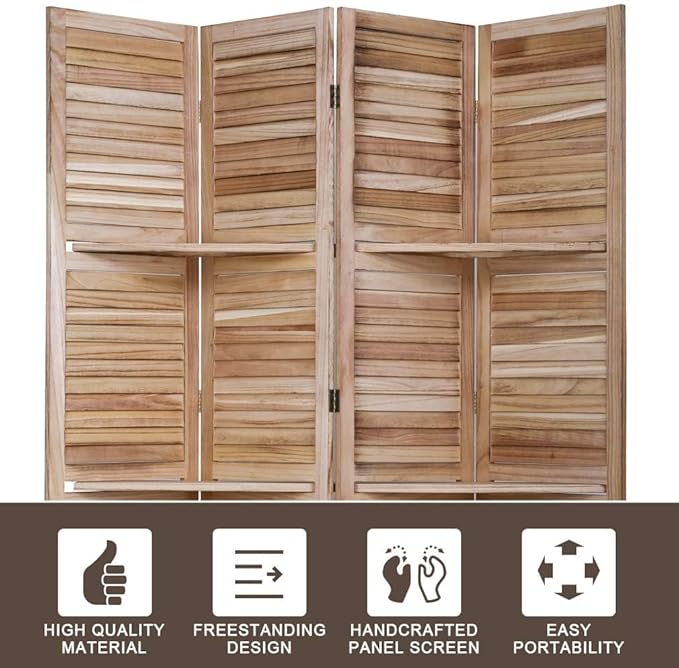 4 Panel Room Divider Folding Privacy Wooden Screen with Three Clever Shelf Portable Partition Wood Divider for Home Office, Natural