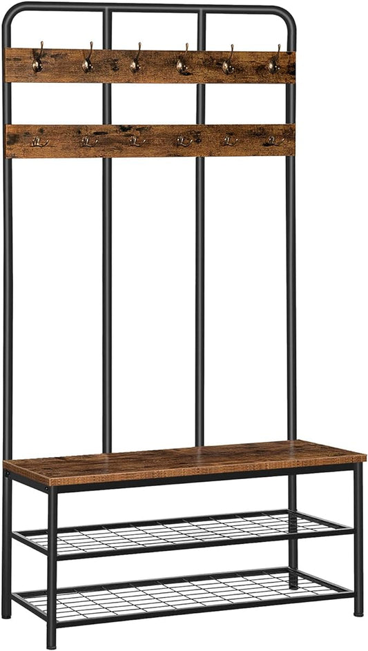HOOBRO Hall Tree with Bench, Entryway Bench with Coat Rack, Mud Room Rack with 12 Double Hooks and Shoe Storage, Coat Tree, Shoe Rack Organizer, for Foyer, Front Door, Rustic Brown BF05MT01