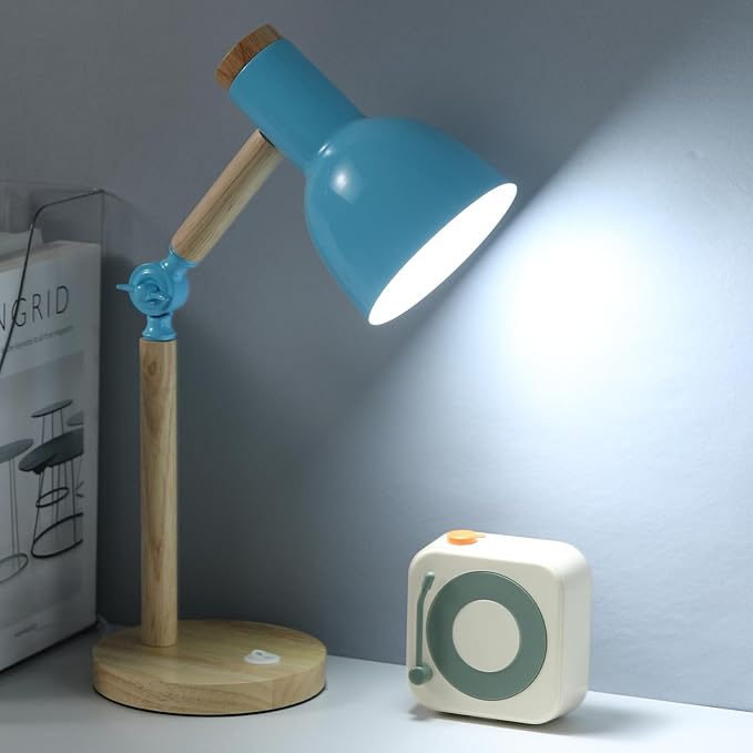 Desk Lamp,Wooden Adjustable Tri-Color Table & Bedside Lamp for Office, Living Room, Bedroom & Kids Room (Blue)